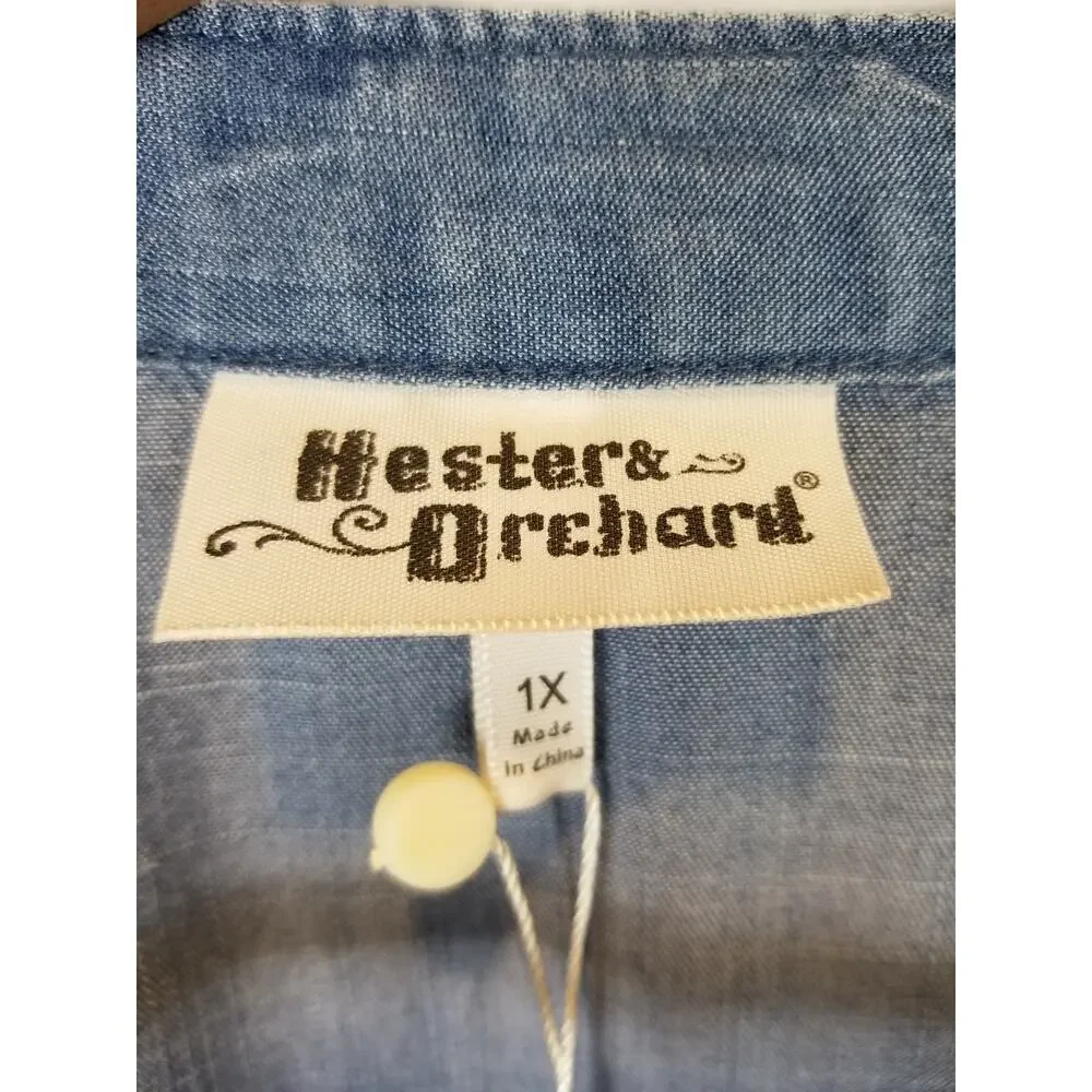 Hester & Orchard NWT 100% Tencel Chambray Blue V-Neck Button Up Shirt Tunic 1X - Picture 3 of 11